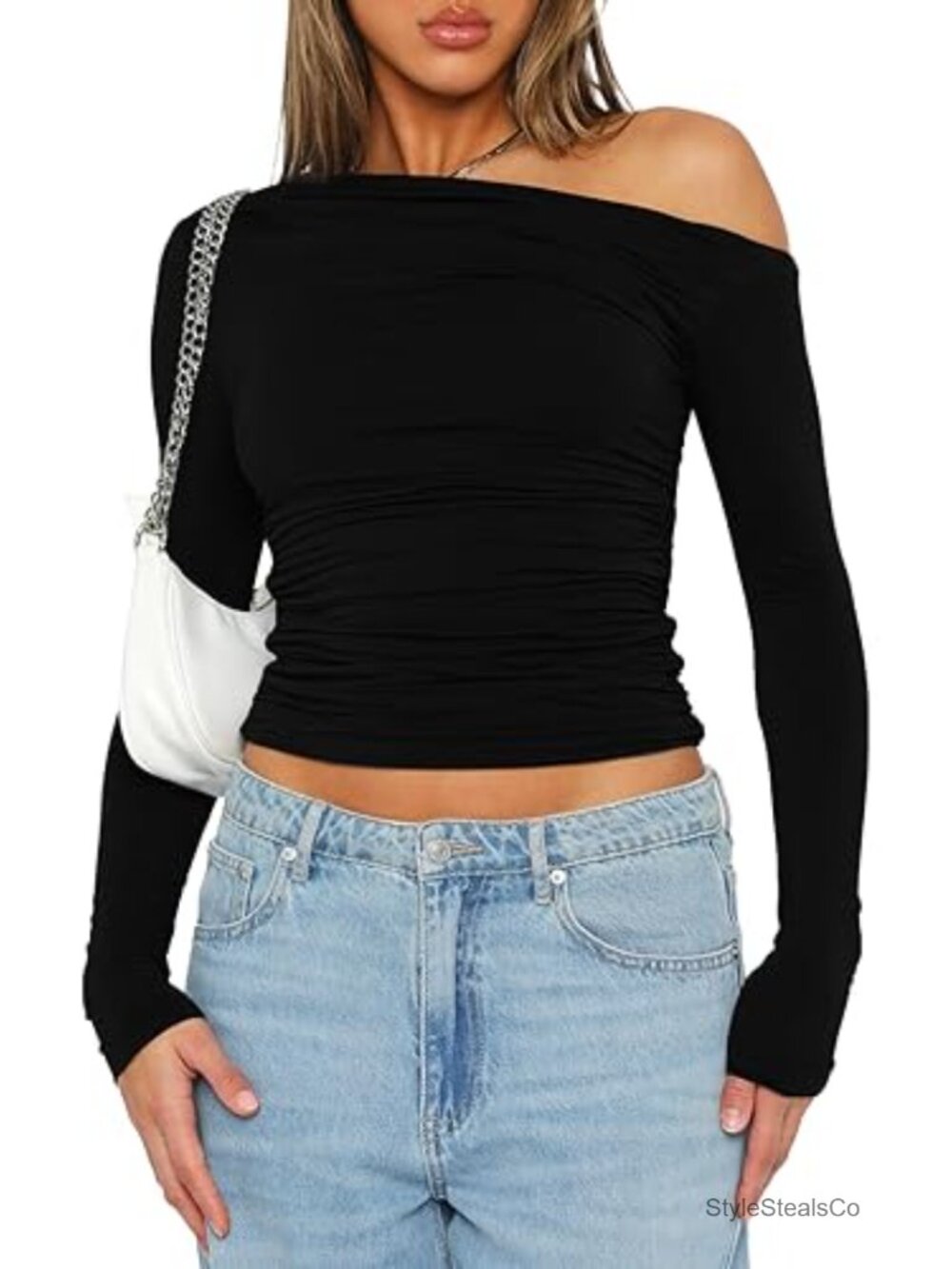 Women's Off Shoulder Ruched Crop Top Long Sleeve Slim Fit Y2K Going Out Blouse